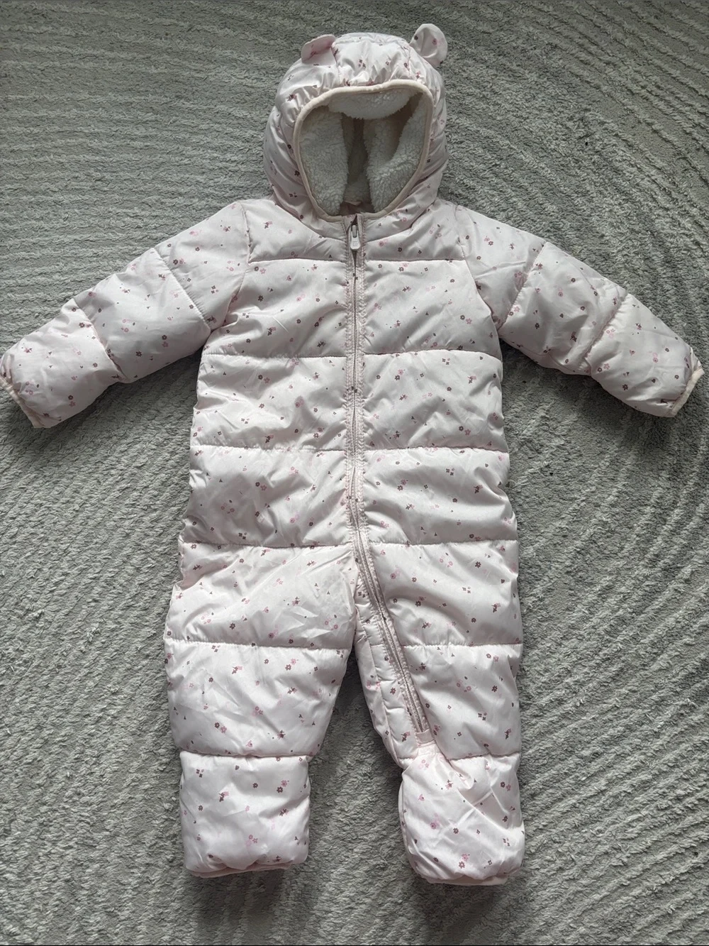 Gap Baby Pink Floral Puffer Snowsuit with Hood - 12-18 months
